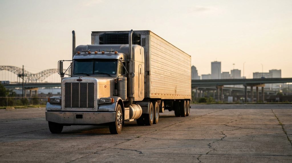 large semi-truck with trailer parked on open lot near city skyline and bridge
