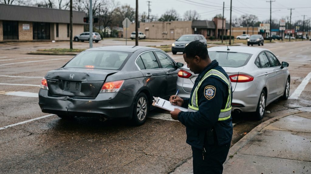 police officer writing report on clipboard beside rear-end collision Honda Accord