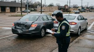 police officer writing report on clipboard beside rear-end collision Honda Accord