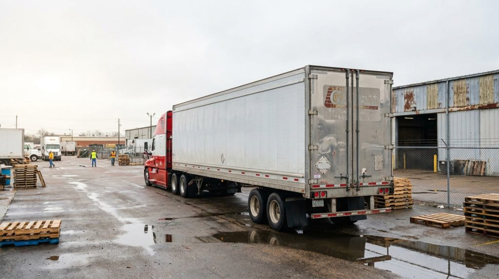 semi-truck with large trailer backed up to industrial warehouse loading dock