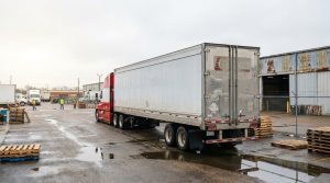 semi-truck with large trailer backed up to industrial warehouse loading dock