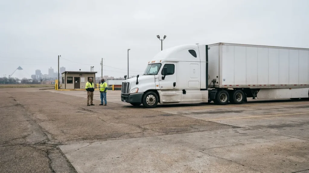 two workers in safety vests standing beside parked semi-truck at commercial lot