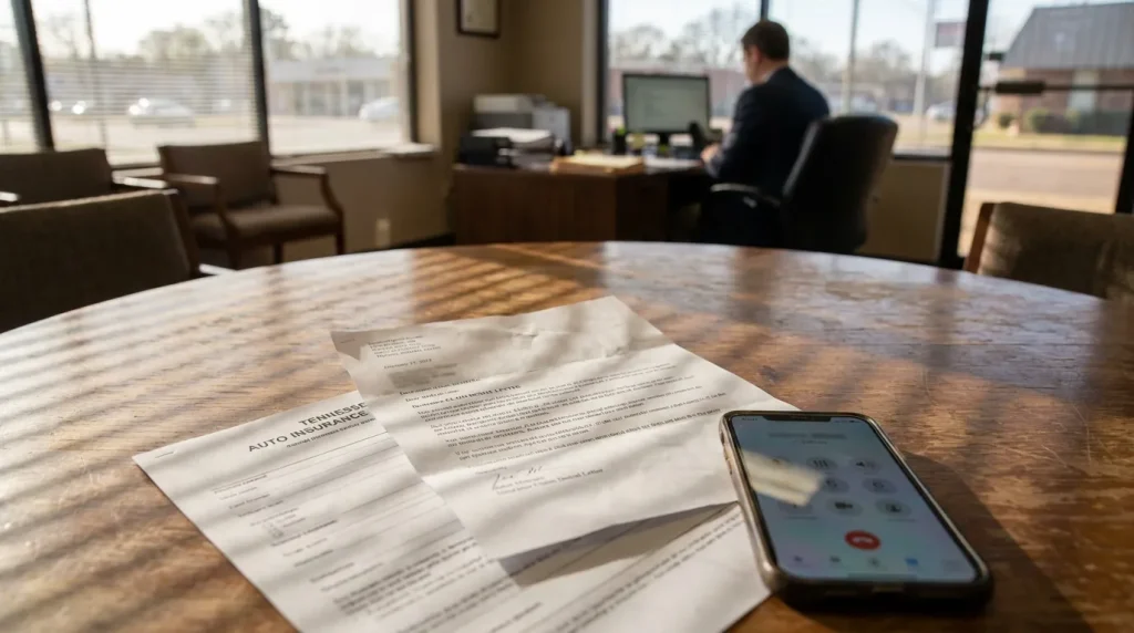 Tennessee auto insurance documents and smartphone on law office conference table