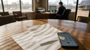 Tennessee auto insurance documents and smartphone on law office conference table
