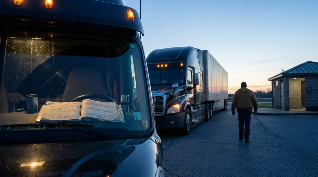 truck driver walking past parked semi-trucks with logbook visible on dashboard