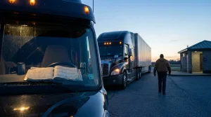 truck driver walking past parked semi-trucks with logbook visible on dashboard