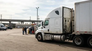 three workers standing near fuel pump beside semi-truck at commercial truck stop