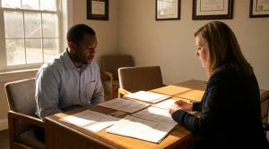 attorney and client reviewing legal documents at office table with framed credentials on wall