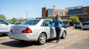 woman on phone standing beside dented sedan in hospital parking lot