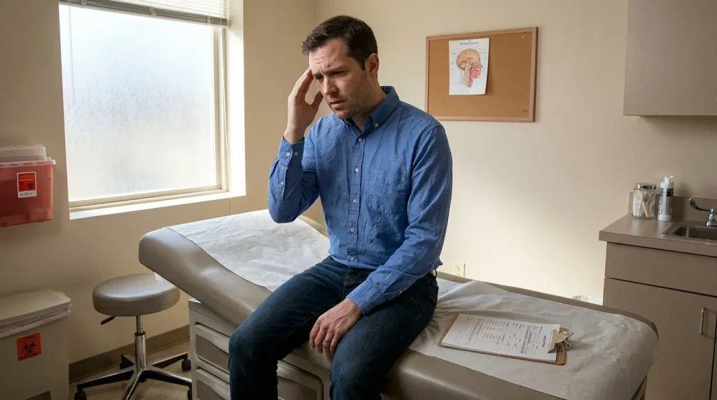 man holding head while seated on medical exam table with clipboard nearby