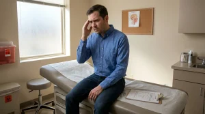 man holding head while seated on medical exam table with clipboard nearby