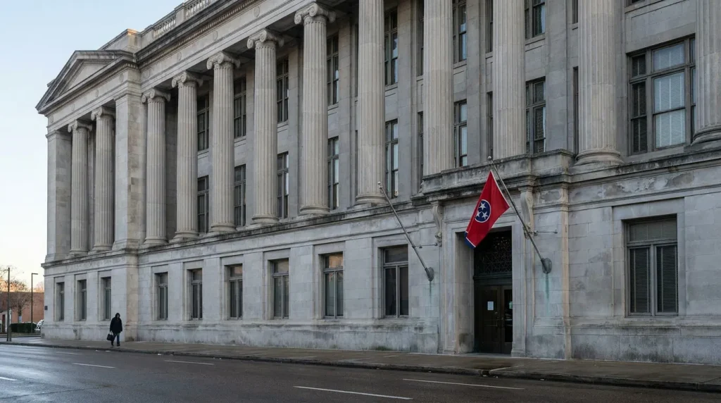 Tennessee state flag displayed on neoclassical courthouse exterior with tall columns
